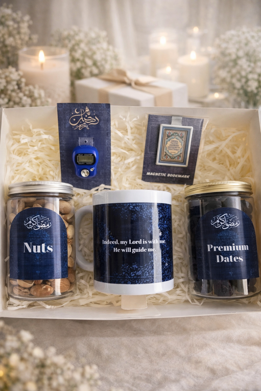 Ramadan Gift Box in Blue– Premium Islamic Gift Set with Mug, Dates, Mixed Nuts, Tasbeeh Counter & Magnetic Bookmark | Elegant Ramadan Kareem Gift for Family, Friends & Corporate Gifting