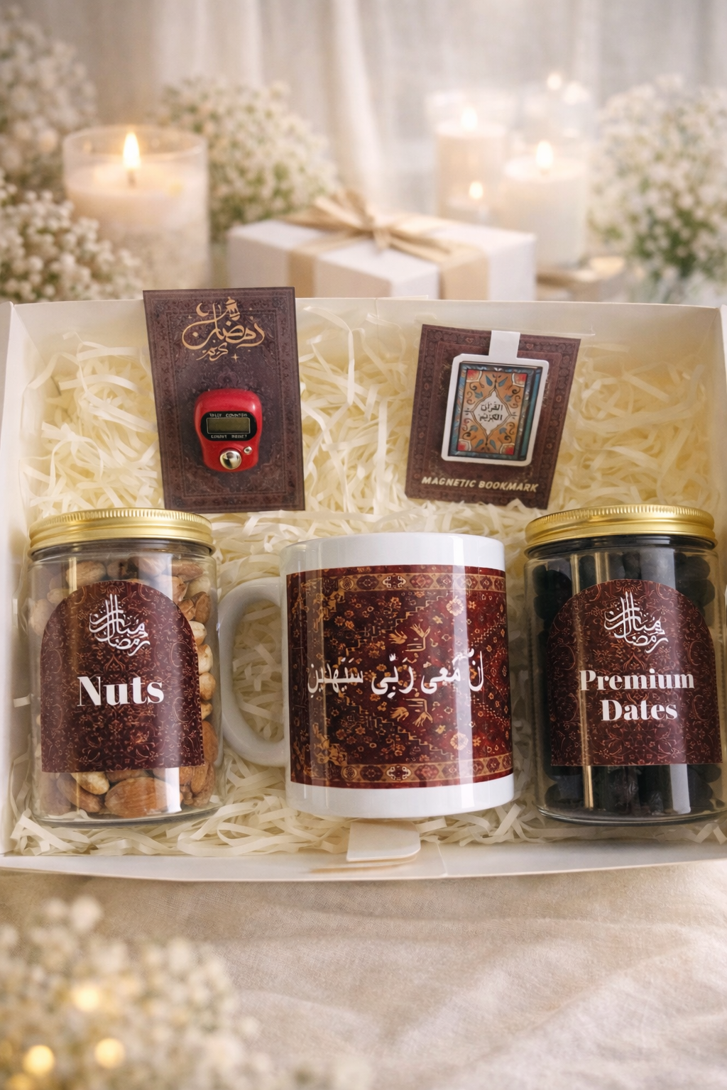 Ramadan Gift Box in Red – Premium Islamic Gift Set with Mug, Dates, Mixed Nuts, Tasbeeh Counter & Magnetic Bookmark | Elegant Ramadan Kareem Gift for Family, Friends & Corporate Gifting