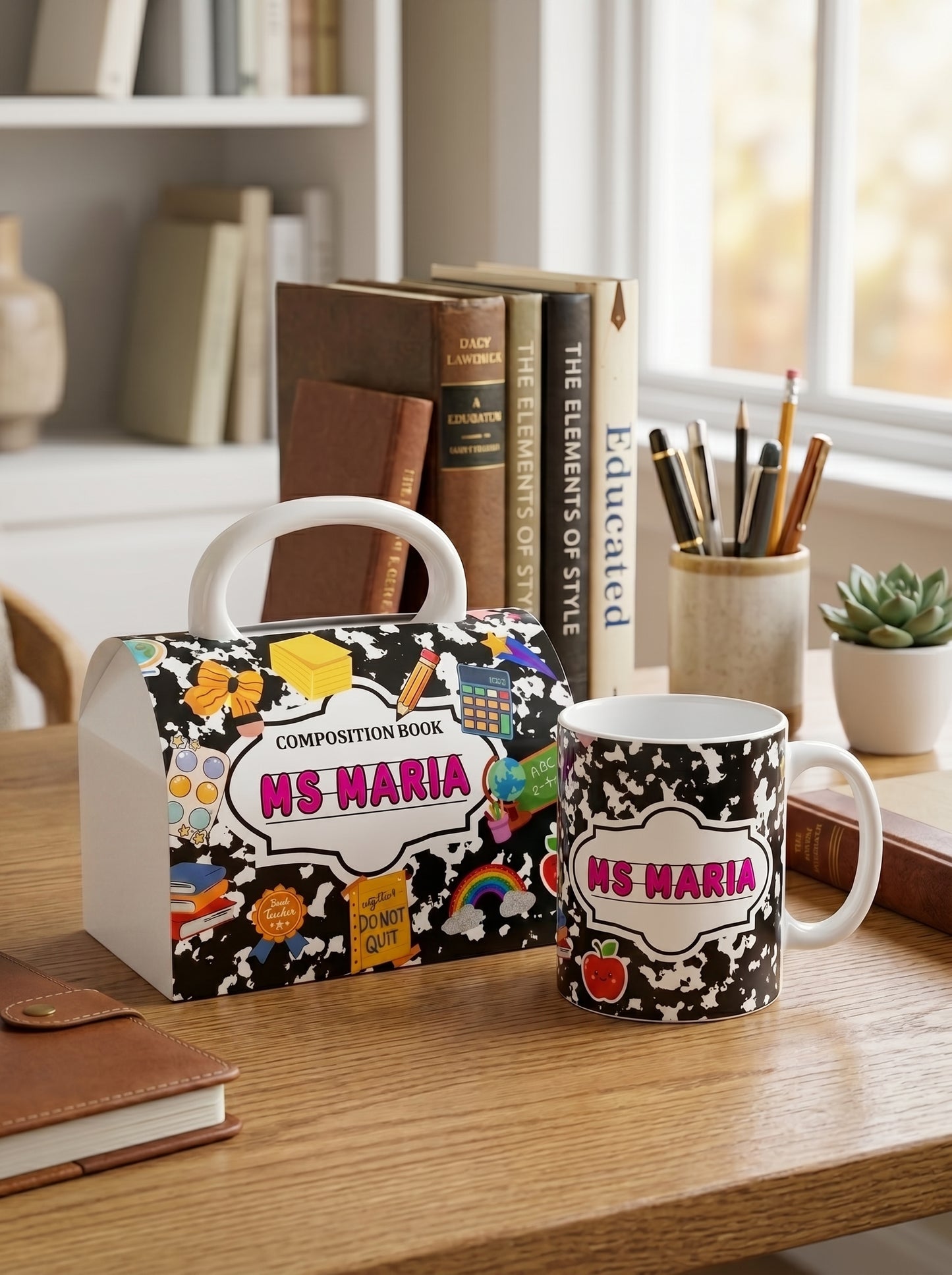 Personalized Teacher Gift Mug with Matching Composition Book Gift Box – Custom Name Ceramic Coffee Mug 11oz | Teacher Appreciation Gift | Back to School, End of Year, Christmas Gift for Teachers.