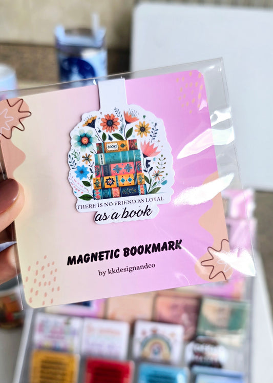 Flower themed Magnetic Bookmark, pile of books surrounded by flowers bookmark.