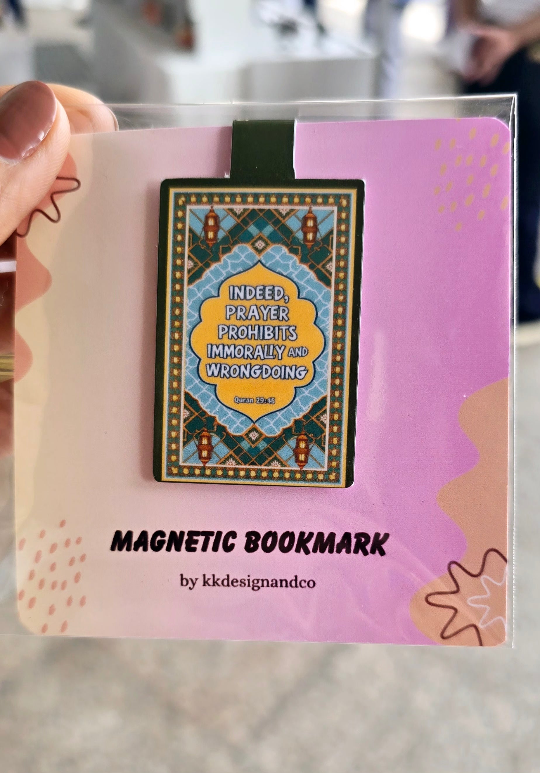 Prayer Mat styled Magnetic Bookmark with verse " Indeed prayer prohibits Immorality and wrongdoing"