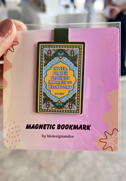 Prayer Mat styled Magnetic Bookmark with verse " Indeed prayer prohibits Immorality and wrongdoing"